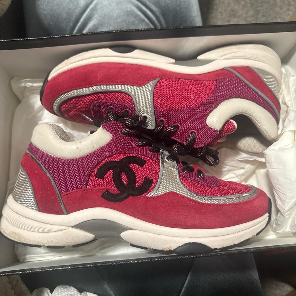CHANEL Fuchsia and Gray Athletic Shoes
